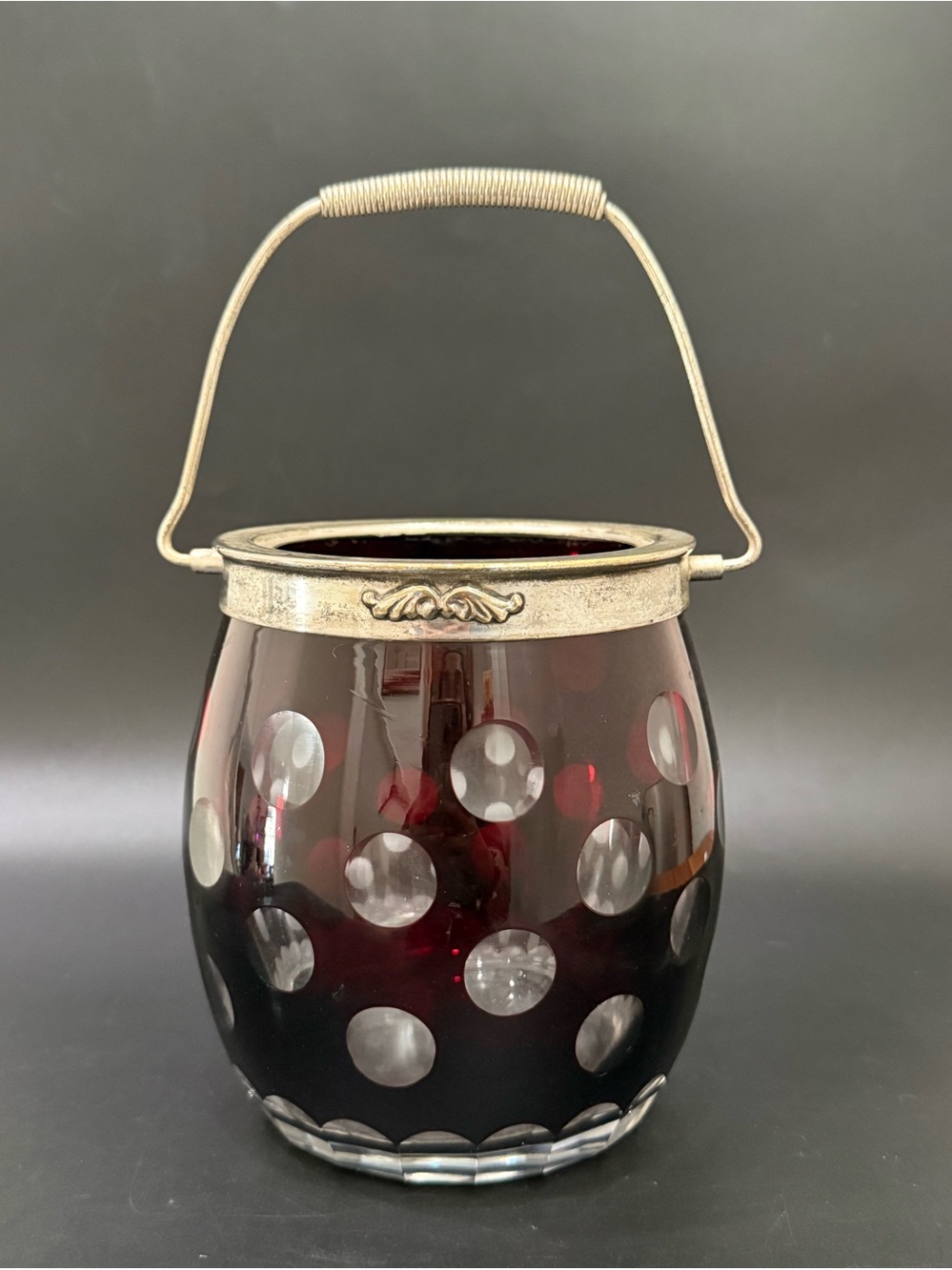 Vintage Ruby Red Cut To Clear Polka Dot Bohemian Crystal Glas Biscuit Jar NO LID
